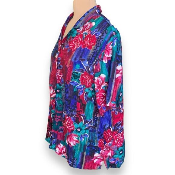 Vintage Bon Worth Shirt Colorful Pink Floral Abstract Color Block Short Sleeve - Picture 3 of 10